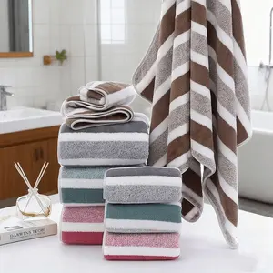 2-Pack Wide Striped Coral Fleece Soft Face Towel Bath Towel Set, Absorbent Soft No Shedding Edged Towels for Bathroom Use