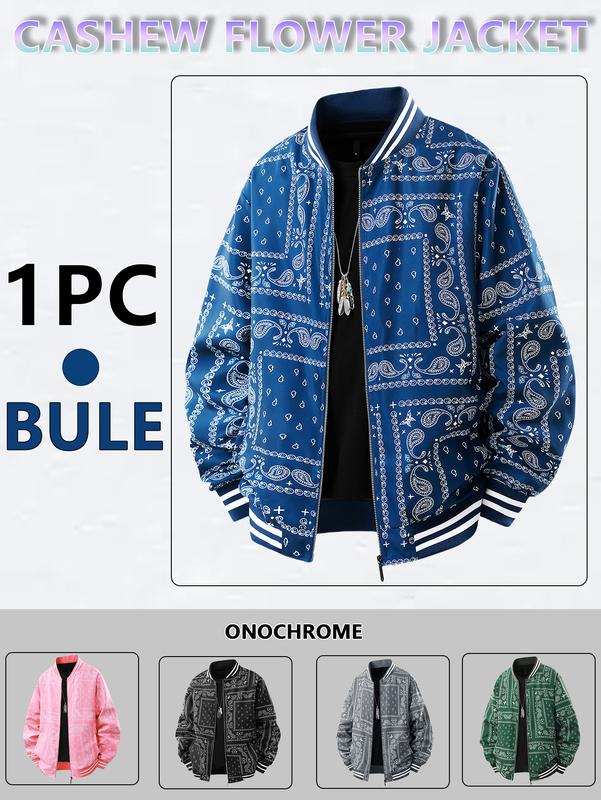 Men's Casual Cashew Flower Varsity Jacket, Vintage Lightweight Bomber Baseball Collar Jackets, Classic Fabric, Men's Fashion Stylish, Men's jackets, Streetwear, Men's Clothing Halloween Gifts