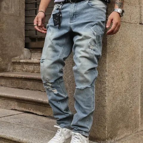 Men's Elastic Fitted Retro Ripped Destroyed Hole Jeans, All Seasons Natural Waist Menswear Denim Pants Streetwear Streetwear Distressed, Perfect Gift for Boyfriend and Husband Ripped Holes Jeans
