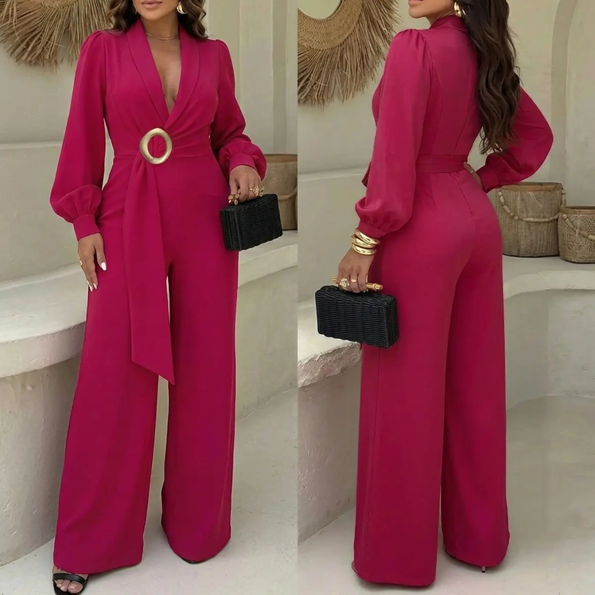CHICME Metal Ring Decor Overlap V-Neck Lantern Sleeve Zipper Back Jumpsuit Casual Cinched Waist Wedding Guest Wide Leg Wedding