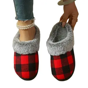 1 pair of women's winter slippers - slip-on house shoes, soft and warm indoor shoes - with sole, plaid pattern, comfortable padded insole, soft fabric upper, suitable for cold floors - plaid house slippers