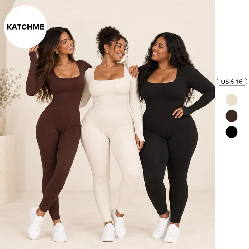 Katch Me Chic Workout Solid Color U Neck Seamless Long Sleeve Yoga Jumpsuit, Jumpsuit for Daily Outdoor Wear, Athletic Plain Thumb Holes Sportswear