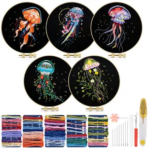 Embroidery Kit for Adults, Jellyfish Embroidery Kit for Beginners Include Embroidery Cloth Hoops Threads for Craft Lover Hand Stitch with Embroidery Skill Techniques