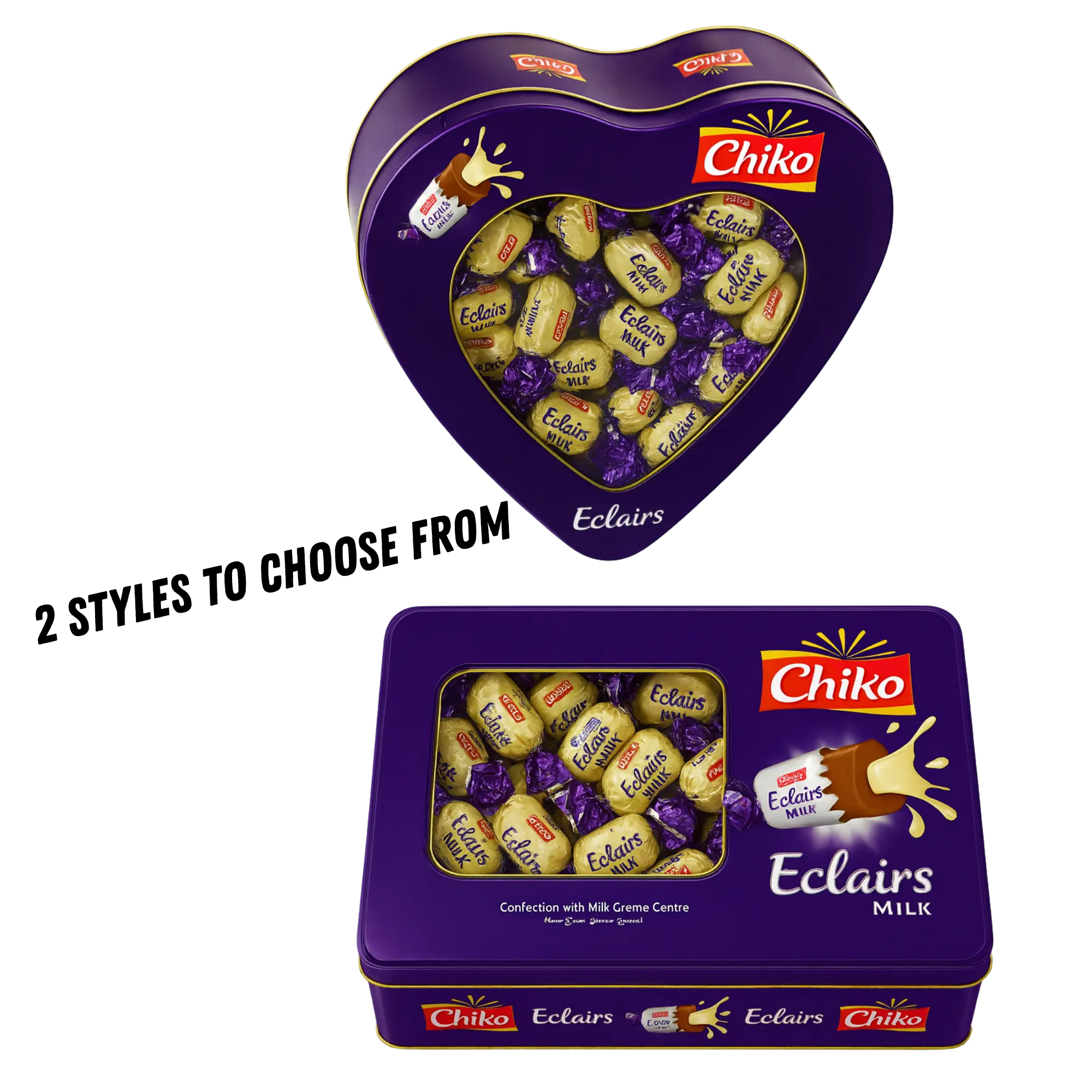 Chiko Eclairs Milk - Caramel with Milk Cream Center - Heart Style or Rectangle Style - Indulgent Chocolate Treats for Chocolate Lovers
