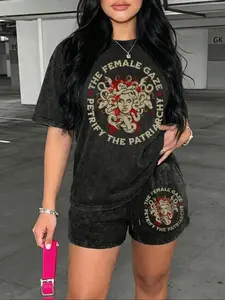Women's Casual Two-Piece Set, Washed Short Sleeve Shorts with Medusa Letter Print, Vintage Street Fashion, Perfect for Holidays and Travel