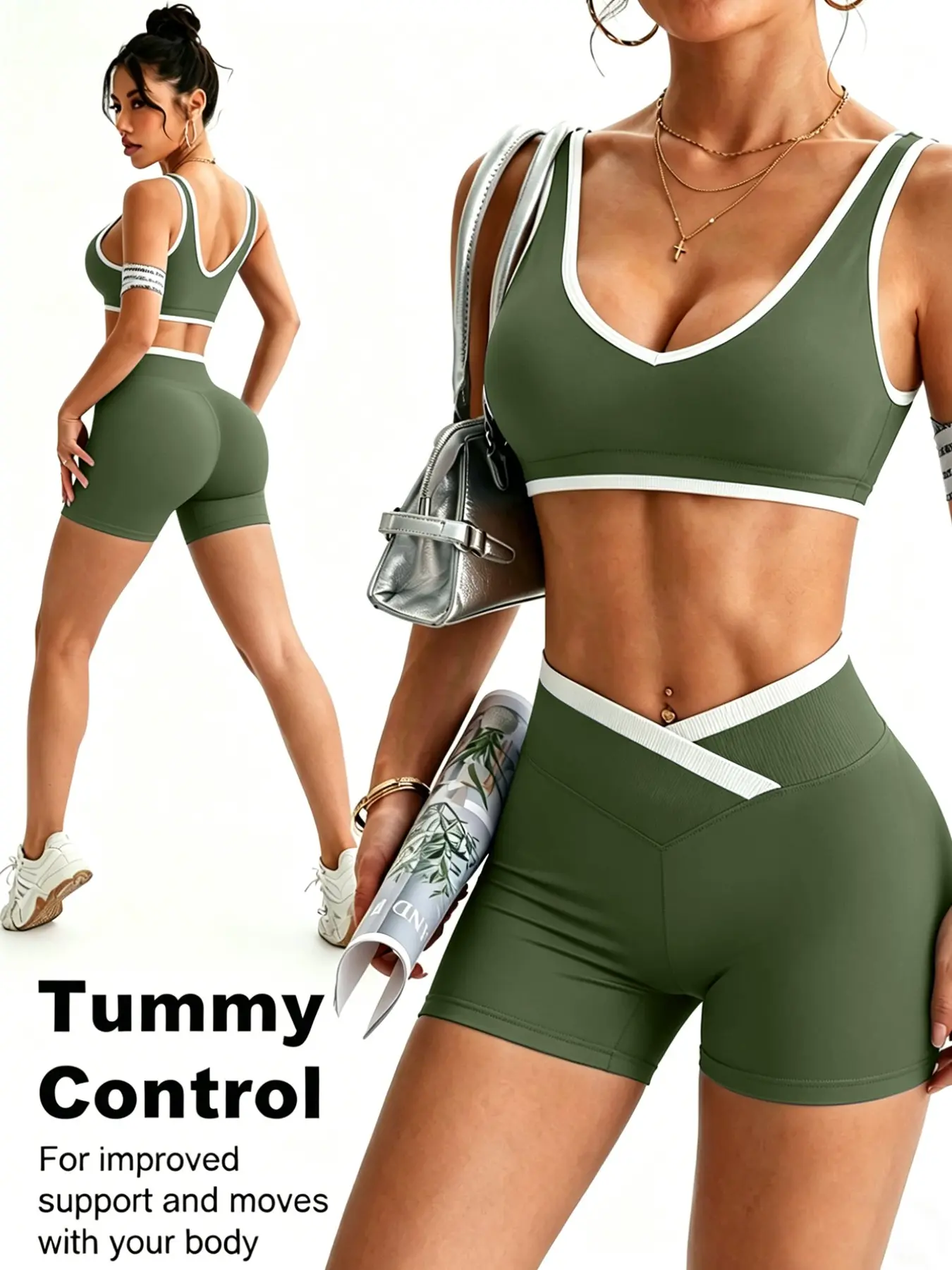 Women's Two-Piece Sports Bra and Cycling Shorts Set, V-Neck Yoga Fitness, Comfortable Workout Clothes, Fitness Clothing, High Stretch Activewear, Ideal for Exercise and Sport, Form Fitting Activewear