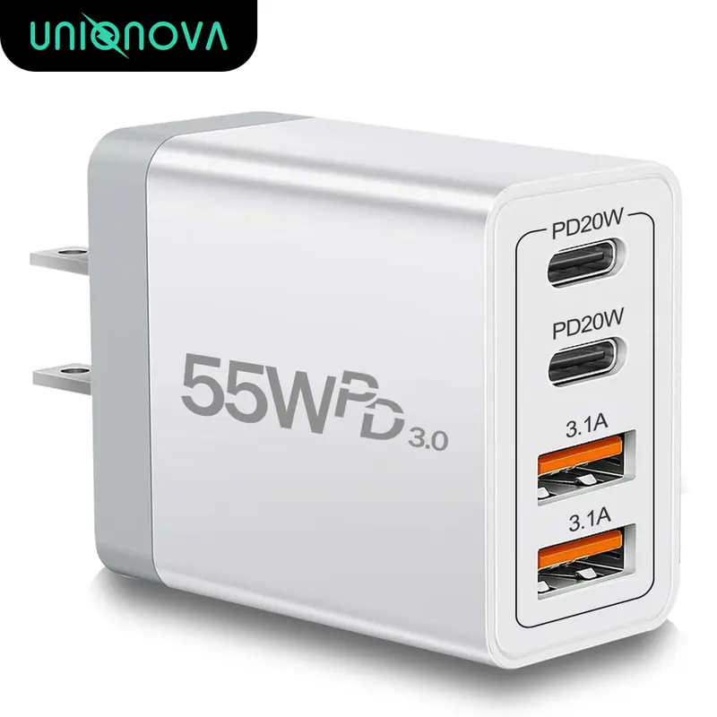 UNIQNOVA 55W Fast PD3.0 4-Port Power Adapter Wall Plug Block - 2USB-C, 2USB-A, QC 3.1A, for iPhone, iPad, Pixel, Galaxy, Smartphone, Cellphone, Tablet, Electronic Device Protection, Shell Compatibility