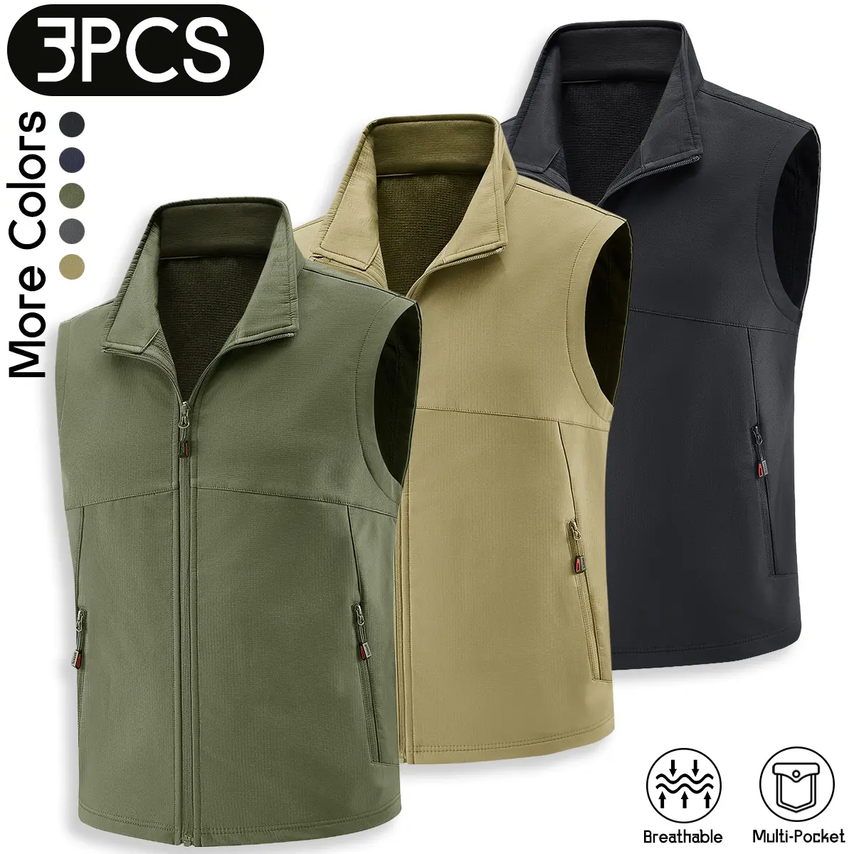 3PCS Set Men's Versatile Outdoor Vests, Breathable Performance Softshell Waistcoat with Multiple Pockets, Comfortable Stand Collar Lightweight Body Warmer Pack