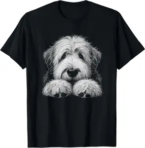 100% Cotton Old English Sheepdog Dog Peeking Art Design T-Shirt for Men Women
