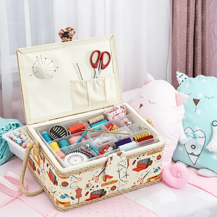 Sewing Storage Organizer - Spacious Craft Basket with Detachable Tray, Thread Needle Supply Holder, Quilting Crochet Case | Functional Carrying Container for Beginners Adults Women Home