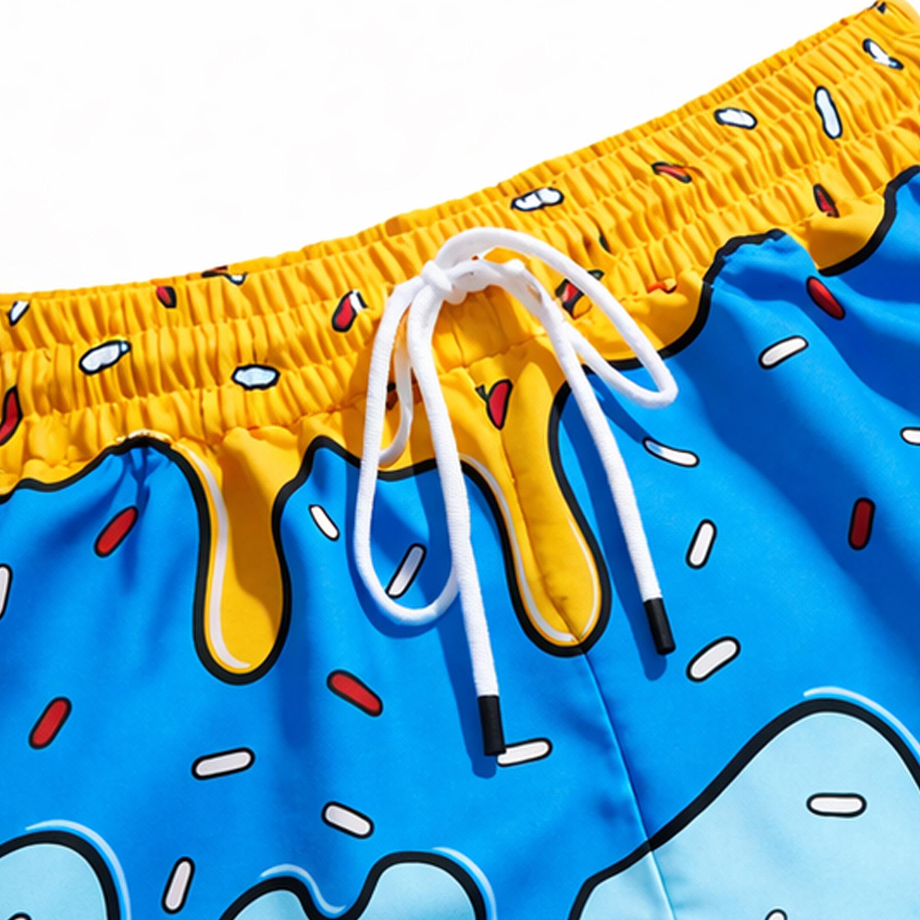 Mens Graphic Swim Trunks Y2K Ice Cream Drip Print Cartoon Beach Shorts All Over Sprinkle Doodle Elastic Drawstring Relaxed Fit Novelty Board Shorts Pop Art Streetwear Vacation Pool Party Resort Cruise Surf Water Park Festival Seaside Holiday Summer Outfit