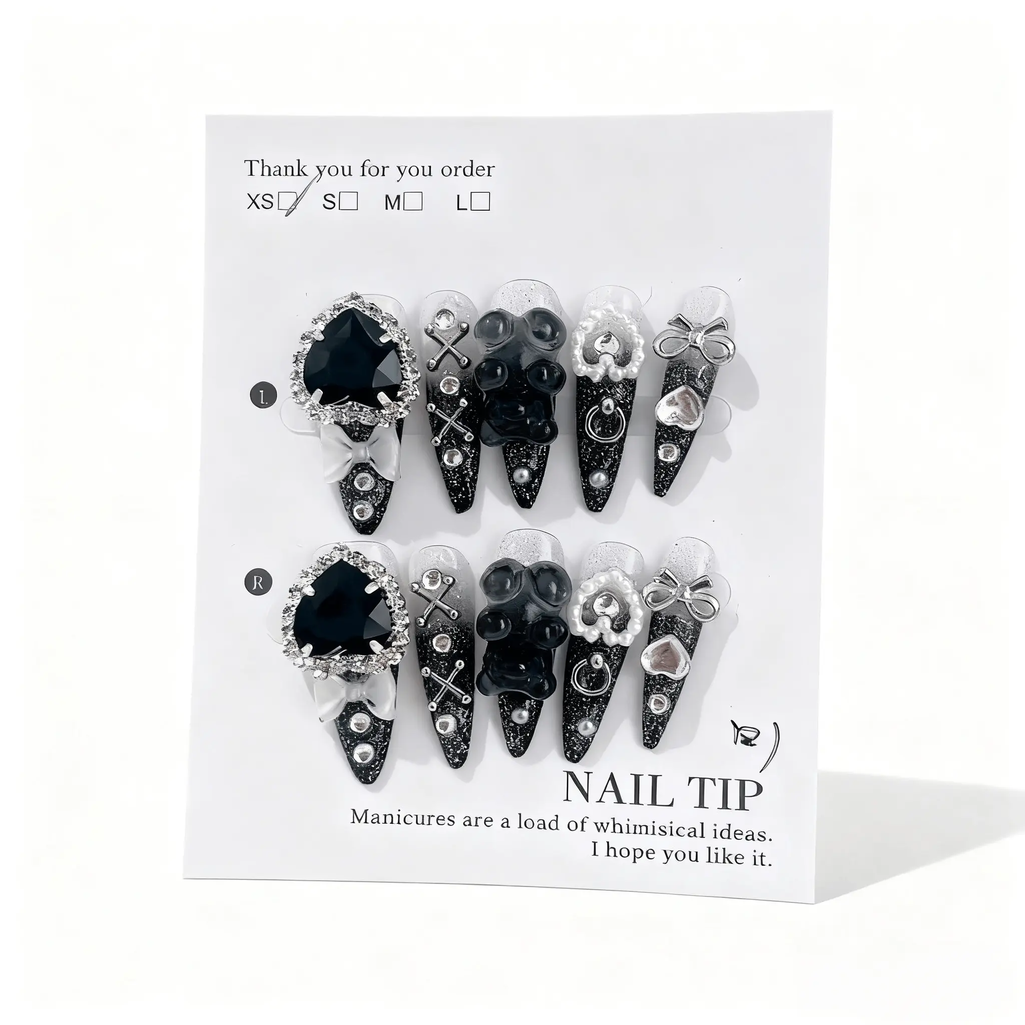 10PCS TRUTH AMOR Y2K Goth Black Stiletto Handmade Press On Nails 4 Sizes XS S M L Heart Bear Cross Bow Pearl Charms Reusable With Jelly Tabs Pusher File For Date Party Gift Gothic Street Teen Girls Nail Beginners Acrylic Press Nails