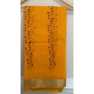 Sunshine Yellow Floral Cotton Saree with Sequins & Thread Embroidery