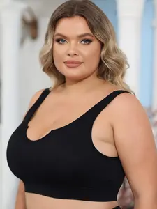 Plus Size Solid Notched Neck Bra, Casual Comfy Breathable Lightweight Wireless Bralette for Daily Wear, Women's Plus Size Lingerie Top, Summer Outfits 2024