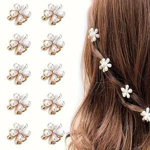 10pcs Mini Pearl Flower Hair Claw Clips - Elegant White Floral Design with Golden Accents, Sweet Bangs & Braided Hair Accessories for Women and Girls