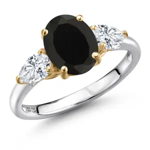 925 Silver and 10K Yellow Gold Black Onyx and White Moissanite Engagement Ring For Women | 2.80 Cttw | Oval 9X7MM | Gemstone December Birthstone