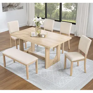 [Bellemave] 6 Piece Dining Table Set| 4 Upholstered Chairs & 1 Bench| Wooden Rectangular Kitchen Table with U-Shaped Base