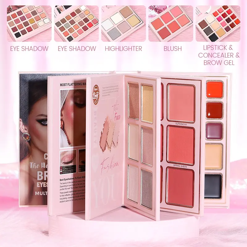 5-Page Makeup Magic Book Set A complete makeup book kit including eyeshadows, highlighters & concealers, blushes, lip glosses, and eyebrow powders.