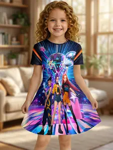 Summer Cyberpunk Style Girls' Knee-Length Dress, Asymmetrical Design Short Sleeve Casual One-Piece, All over Print H-Type