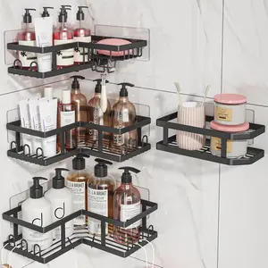 Corner Shower Caddy with Soap Holder, No Drilling Rustproof Adhesive Shower Shelves, Corner Shower Organizer for Dorm, Black 4-Pack