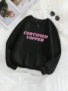 Certified Yapper Pink Bold Text Graphic Crewneck Sweatshirt, Trendy Oversized Comfort Colors Pullover, Casual Cozy Long Sleeve Top, Funny Viral Meme Aesthetic Fleece Sweatshirt for Women & Everyday Wear