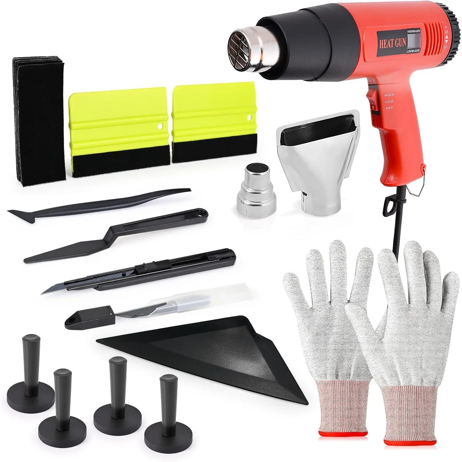 Window Tint Kit Vinyl Wrap Tool with Heat Gun,Vinyl Scraper,Shank Gasket Squeegee,Working Gloves,Curves Slot Tint Tool for Car Wrapping,Window Film,Graphics,Decal Installation, Tool Accessories