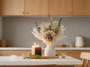 13.5-inch artificial flower arrangement with ceramic vase. Silk floral decor for indoor spaces, perfect for coffee tables, dining areas, bathrooms and wedding centerpieces.