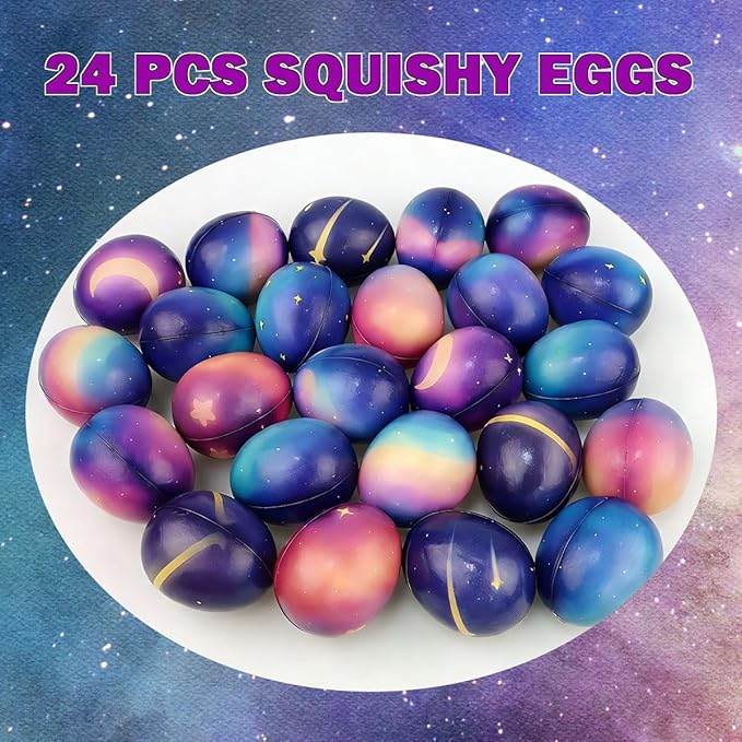 24 Pack Galaxy Easter Eggs Squishy Toys for Kids Slow Rising Stress Relief Fidget Squishies for Boys & Girls Easter Basket Stuffers Party Favors Classroom & Easter Gifts