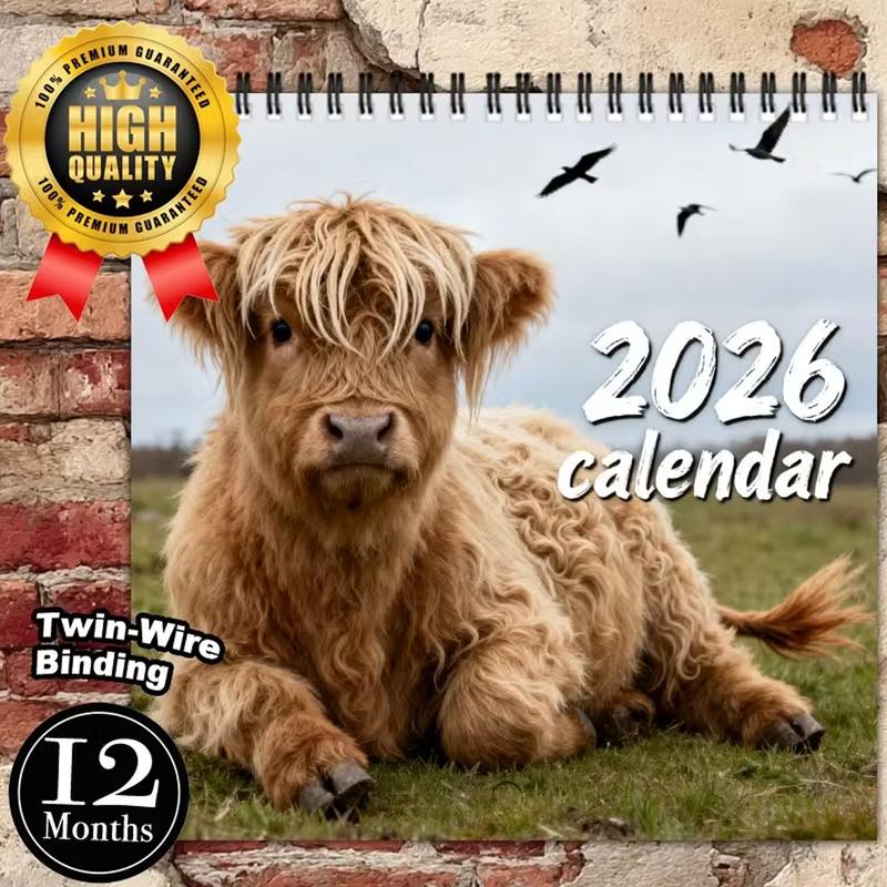 2026 Highland Cow Theme Wall Calendar, 12 Months Colorful Illustrations, 7.9in X 7.9in Perfect Size, Cute Fun Highland Cow Art Decor Gift