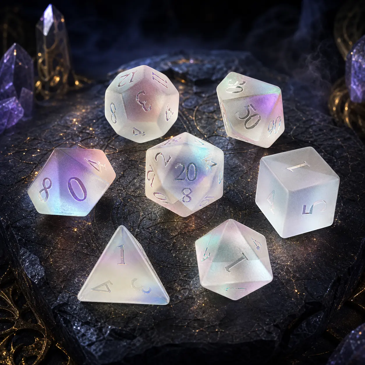 7PCS Premium Iridescent Frosted Glass Polyhedral Dice Set, Opal Milky White DND Dice with Raised Numbers, for Dungeons & Dragons, Pathfinder TTRPGs Players & Collectors rpg dreamy D20 Dice Unique Dice Set Gaming