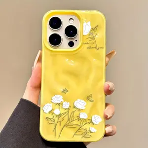 White floral print yellow wrinkled texture soft TPU phone case, suitable for iPhone 17 16 15 14 13 12 11, elegant wrinkled texture soft case, a holiday gift for friends, family, and yourself