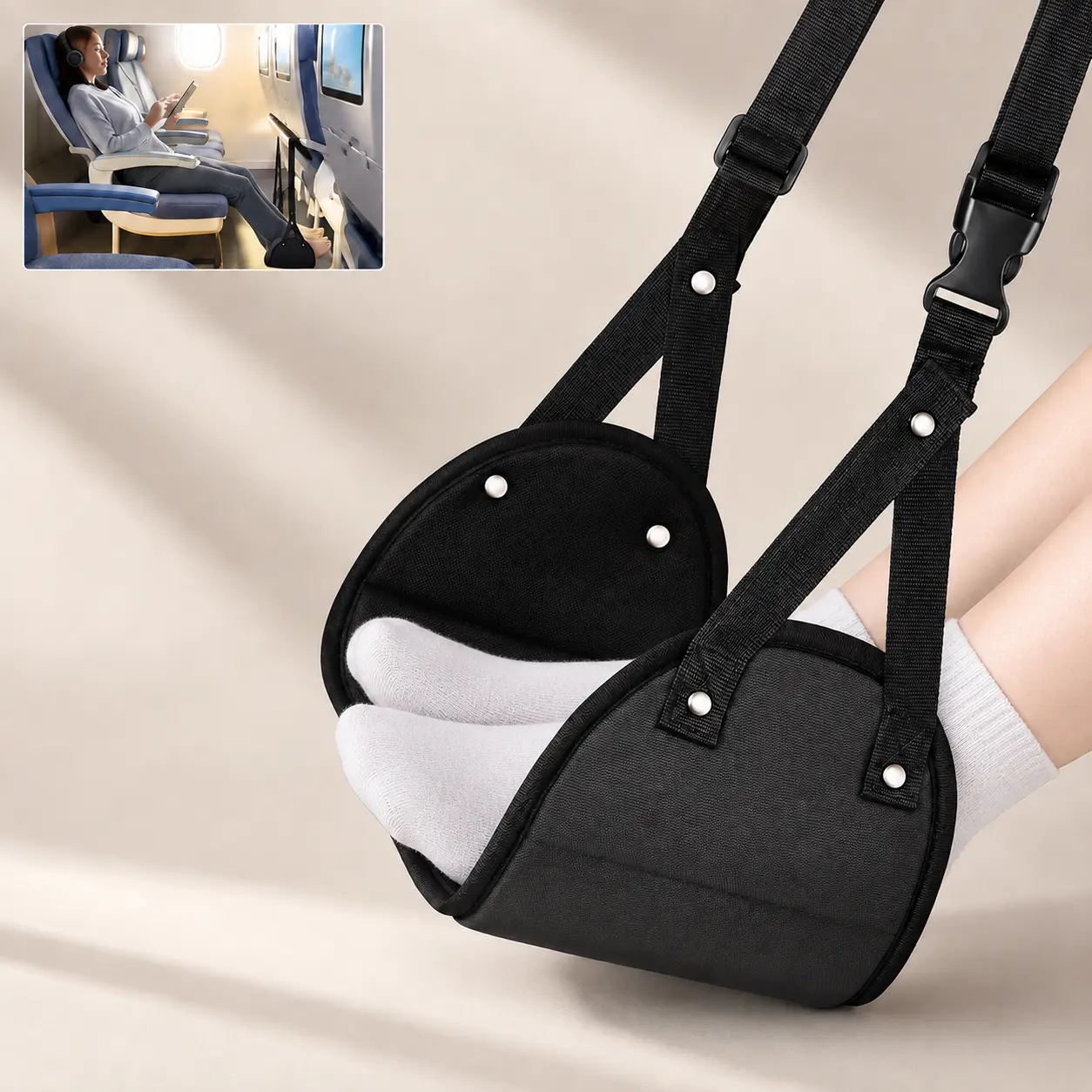 Portable Airplane Footrest, Adjustable Travel Foot Hammock for Plane, Train, Car & Office
