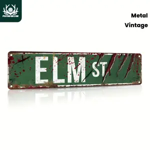 1pc Elm Street Horror Movie Decor - Freddy Krueger Inspired Metal Wall Plaque with Blood-red Splatter, Nightmare on Elm Street Collectible for Horror Fans, for Man Cave, Haunted House - Large Vintage Metal Sign (3.9x15.7 Inches) - No Electricity Needed