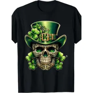 Men's St. 's Day Sugar Skull & Irish Celtic T-Shirt -  Cotton Black with Green Shamrock & Accent Skull, Mexican-California Style Leprechaun Hat Design, Short Sleeve Crew Neck Top for Irish-Themed Parties & Casual Wear, PLUS SIZE