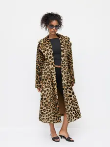 Cider Oversized Leopard Notched Collar Button Faux Fur Longline Coat