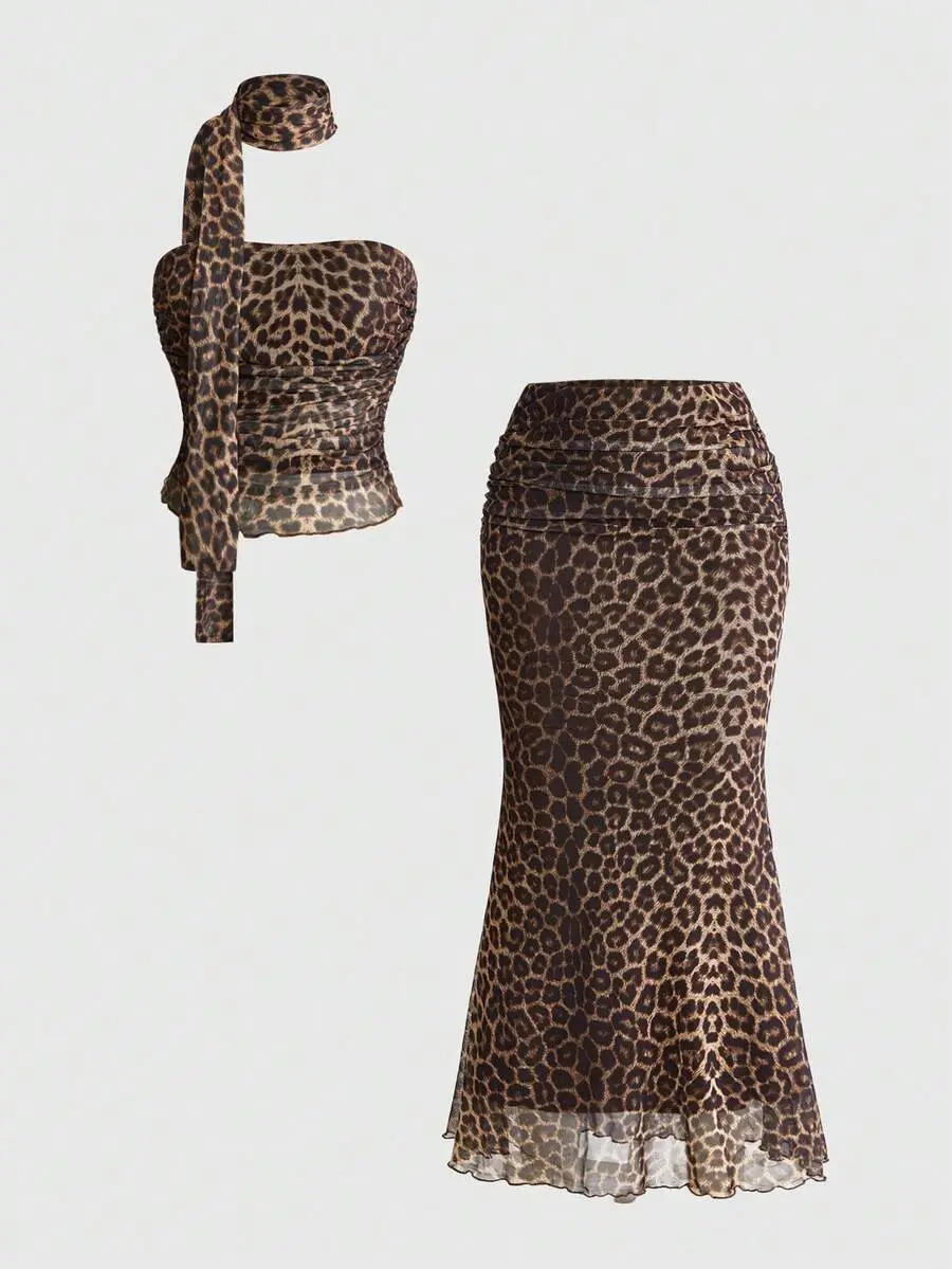 Kawaii Vintage Y2K Leopard Print Scarf Tube Top And Leopard Print Low Waist Mermaid Skirt 2pcs Set
