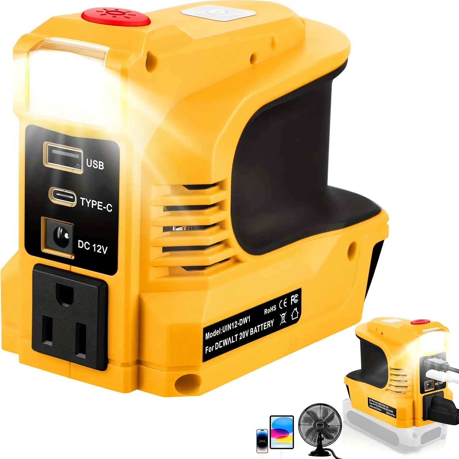200W Portable Power Inverter LCW13-5W for DEWALT 20V Battery - 20V to 110V AC/DC Adapter with USB Type-C Port, Generator Cord & Versatile Charging Capabilities (Battery Excluded)
