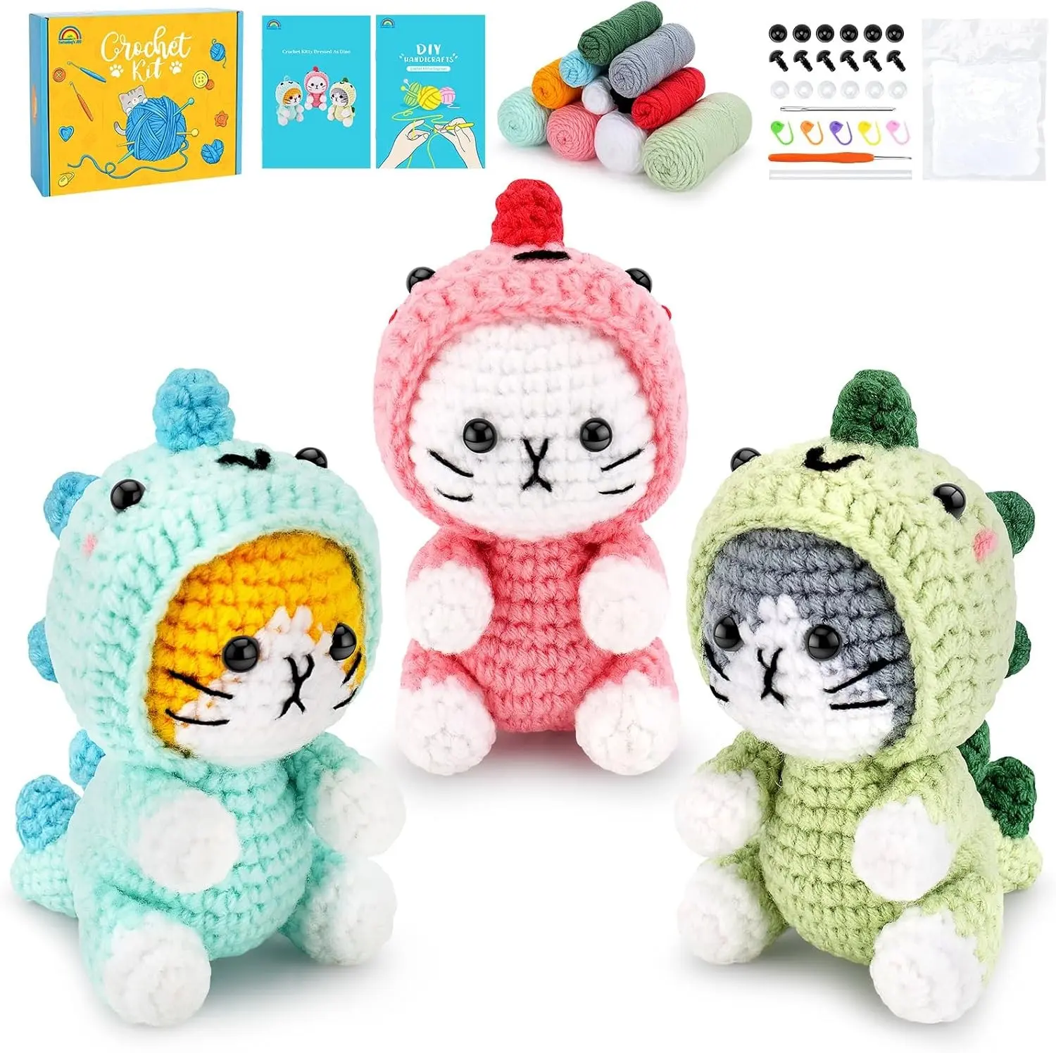 Fortuning's JDS Crochet Kit for Beginners, 3 PCS Dinosaur Cat Crochet Kits | w/ Step-by-Step Video Tutorials, Beginner Crochet Kit for Adults, Crochet Animal Kit for Starters, Dinosaur Cat Crochet Set Gift