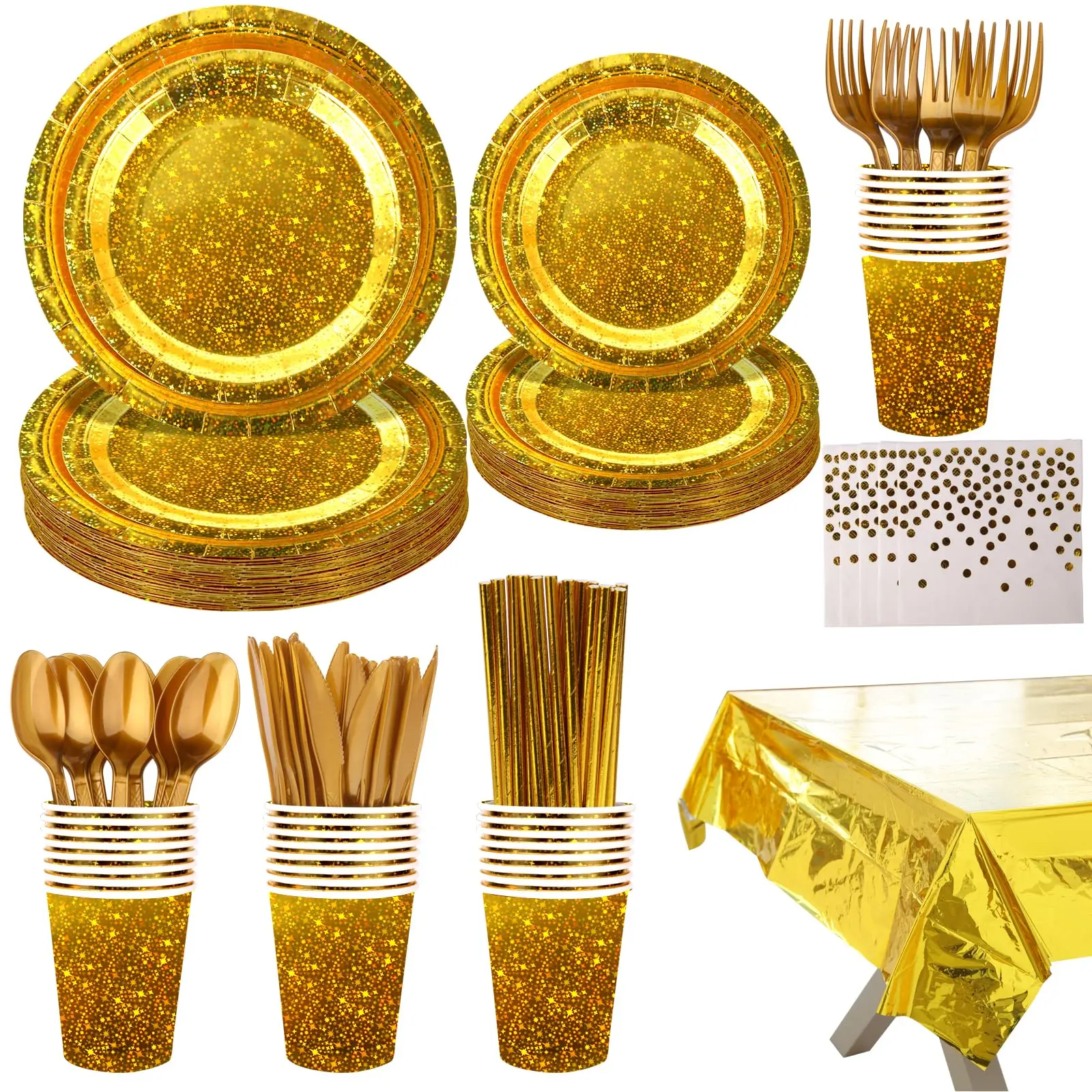 Disposable Star Pattern Tableware Set (201PCS Gold Sparkling) - Plates, Cups, Napkins, Cutlery for 25 Guests, Elegant & Festive Design, Convenience & Easy Cleanup, Disposable & Hassle-Free Birthday Graduation Party Supplies