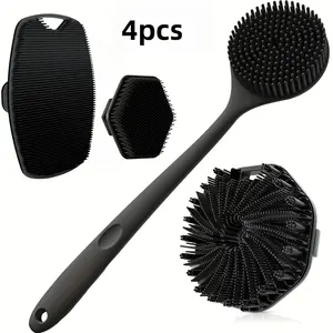 Four-Piece Shower Brush Set, Silicone Back Scrubbing Brush & Bath Glove Kit, Body Back Scrubber, Gentle Exfoliating, Portable, Suitable for Wet or Dry Skin