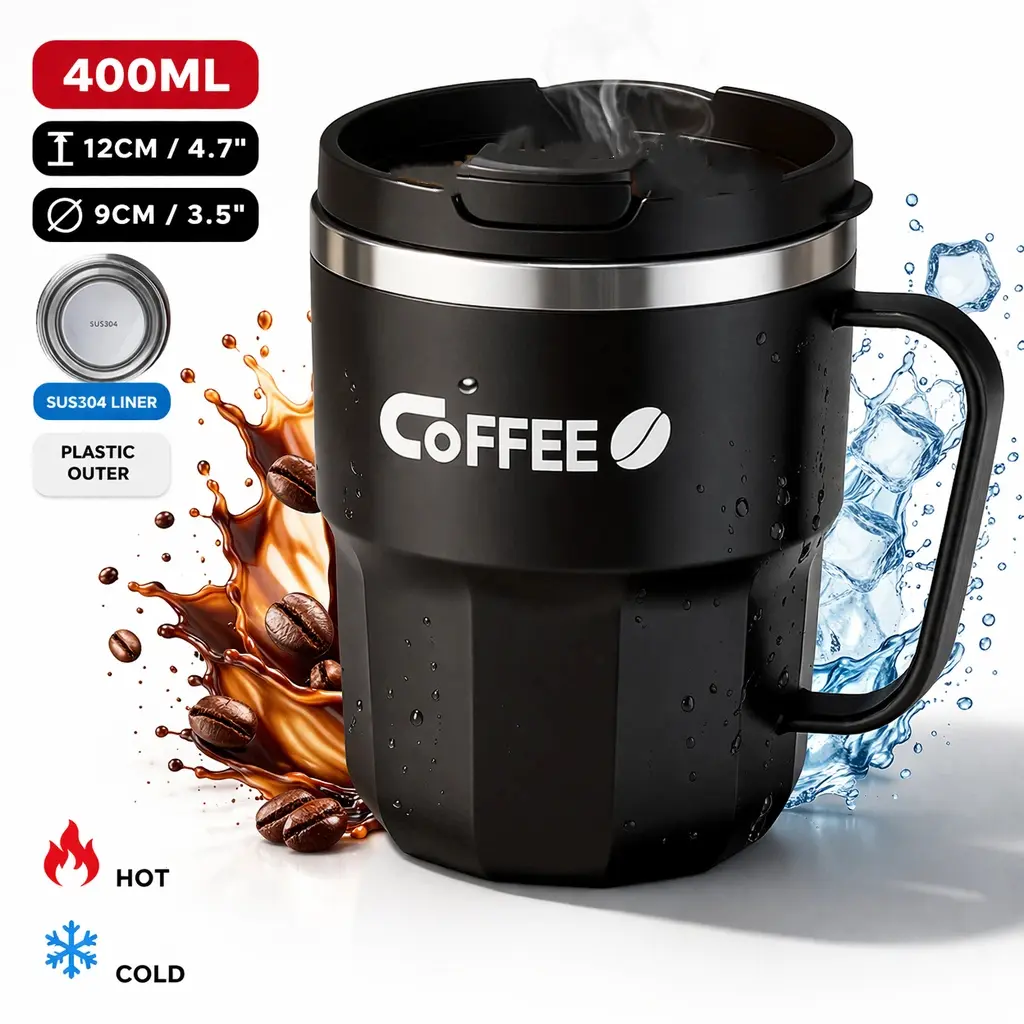 400ML Aesthetic Black Insulated Coffee Mug with Lid for Coffee Lovers, Stainless Steel Travel Tumbler Water Bottle for Office Workers, Students, Home, Desk & Daily Commute