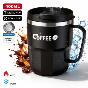 Black Insulated Coffee Mug 400ml with Handle, SUS304 Stainless Steel Liner, Portable Thermal Cup for Coffee Tea, Minimalist Travel Mug, Daily Drinkware, Gift Idea, Aesthetic Cup