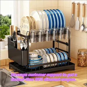 【TiktokShopSpringGlowUp】Bepatio Double-Layer Kitchen Countertop Drain Rack, Metal Material, with Drain Board, Can Hold Tableware, Carbon Steel Material, Kitchen Storage Rack