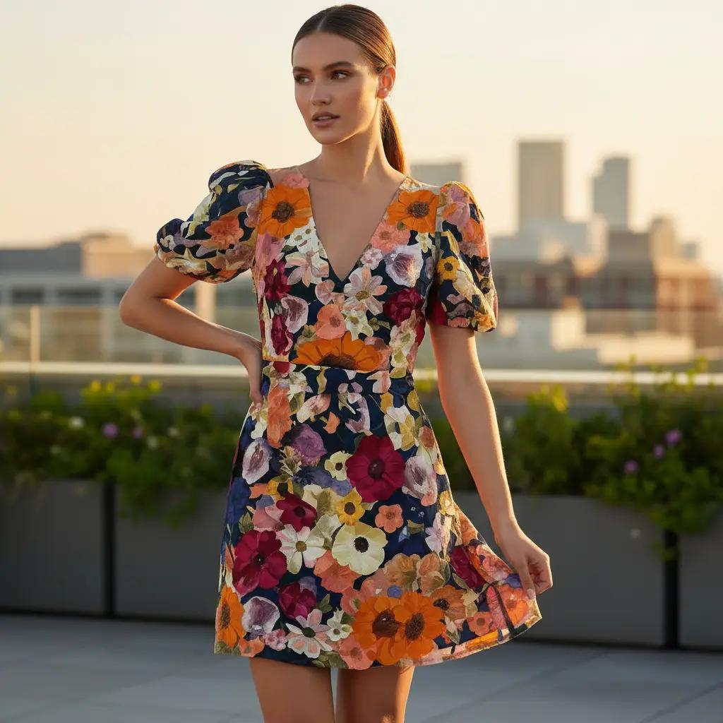 Women's Summer 3D Floral Embroidery Dresses Puffy Sleeve Tulle V-Neck Lace Mesh Mini Dress Women's Summer 3D Floral Embroidery Dresses Puffy Sleeve Tulle V-Neck Lace Mesh Mini Dress