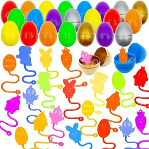 24 Pack Sticky Hands Toys Filled Easter Eggs, Plastic Easter Eggs Filled with Bunny Chick Sensory Stretchy Toys for Kids Gifts, Easter Egg Hunt Party Favors, Easter Basket Stuffers