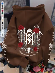 Women's Skull Rose Print Drawstring Hoodie, Casual Loose-Fitting Sweatshirt, Soft Breathable Fabric, Fall & Winter Essential