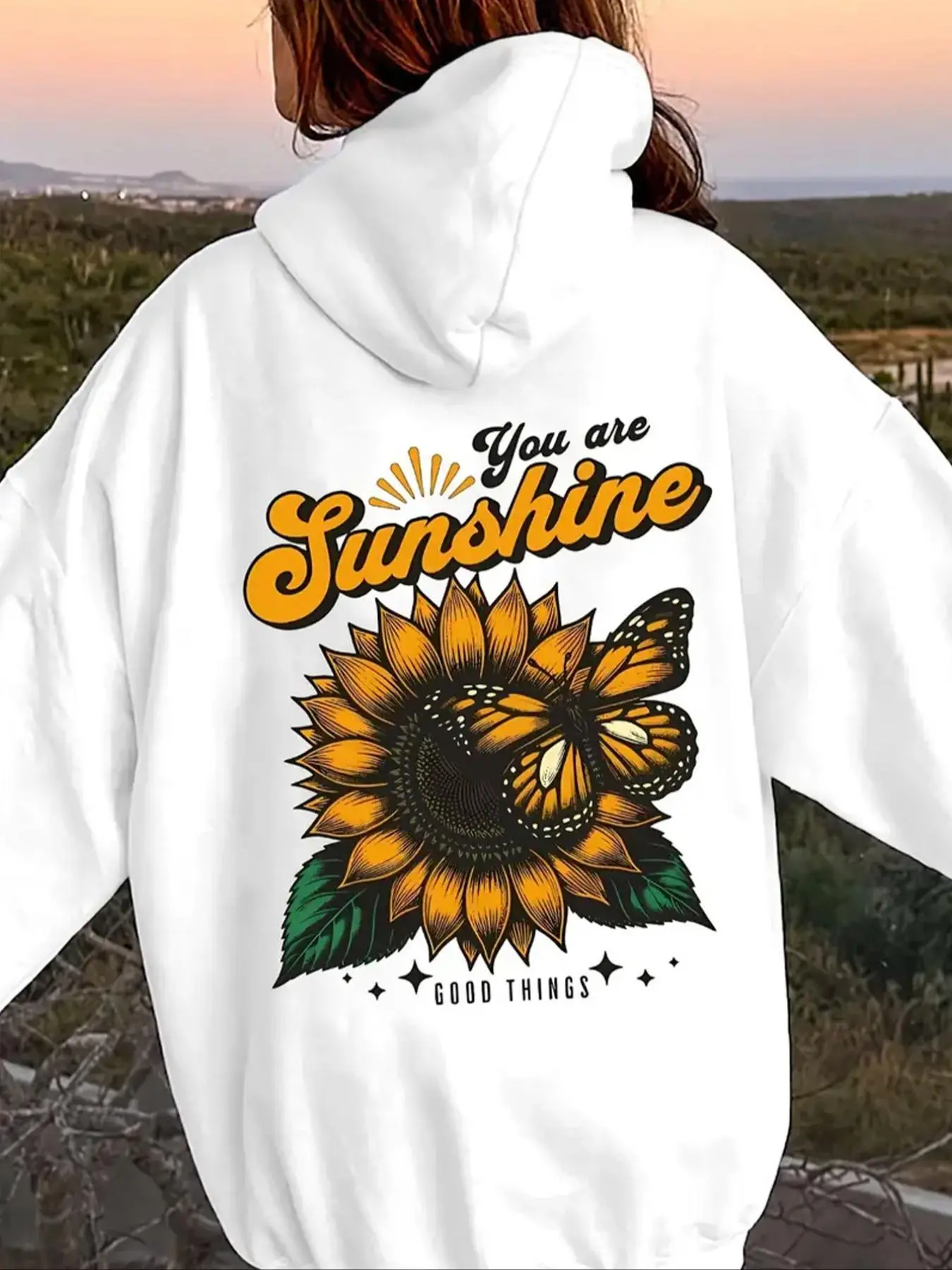 【Plus Size】 Sunflower Print Hoodie, Fashion Casual Drawstring Pocket Hooded Sweatshirt for Daily Holiday Outdoor Wear, Women Clothing for Fall & Winter