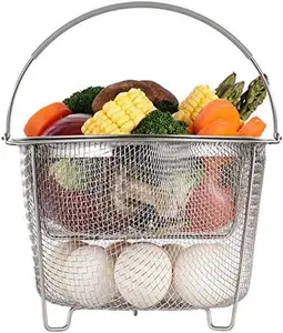Steamer Basket for Instant Pot Accessories 6 qt or 8 quart 2 Tier Stackable 18/8 Stainless Steel Mesh - Silicone Handle - Vegetable Steamer Insert, Egg Basket, Pasta Strainer,Silver