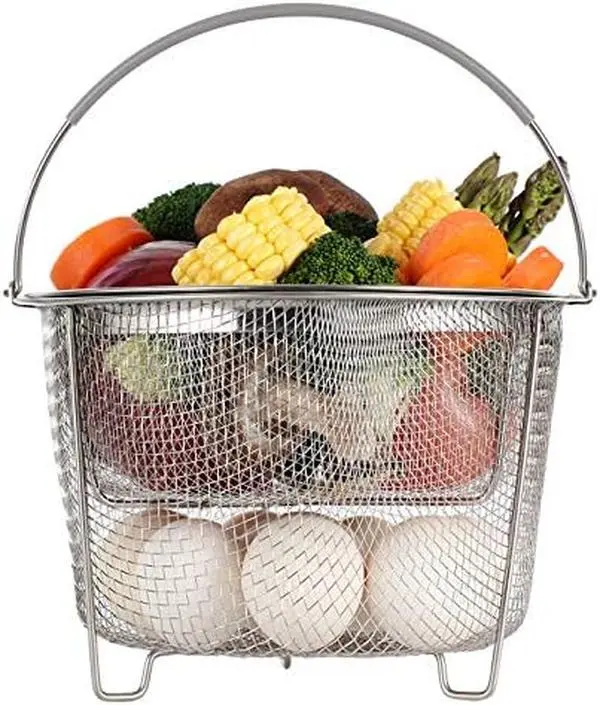 18/8 Stainless Steel Mesh Steamer Basket with Handle - Sturdy 2-Tier Stackable Steamer Rack, Silicone No-Burn Grips, Dishwasher Safe, Utility Kitchen Strainer, Fits 6qt/8qt Instant Pot Cooker, Quick Weekday Meals Accessory, Vegetable Steaming, Silver