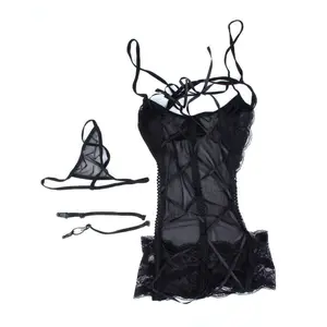 Women's Lingerie Sets Sexy Lace Bodysuit with Thigh Cuffs and Thong Underwear Teddy Babydolls Sleepwear Garter No Stockings